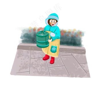 儿童节穿雨衣浇花的小女孩