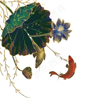 绿金国潮风荷花鲤鱼图