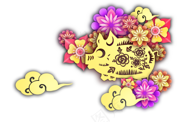中国风金色立体剪纸猪插画,免抠元素