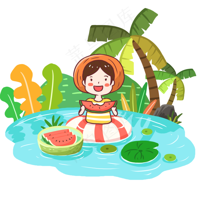 小暑绿色扁平风元素游泳吃西瓜