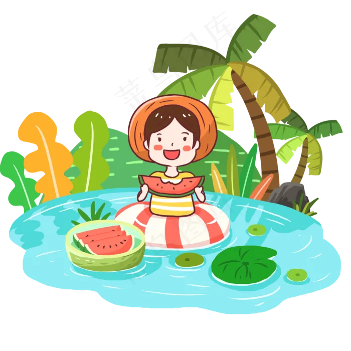 小暑绿色扁平风元素游泳吃西瓜(2000X2000(DPI:200))psd模版下载