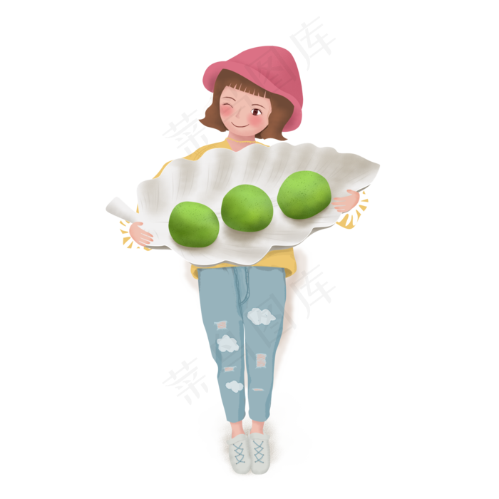 拿青团的女孩图案元素,免抠元素