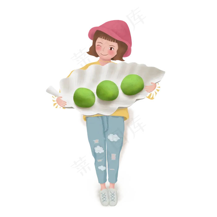 拿青团的女孩图案元素,免抠元素(2000X2000(DPI:96))psd模版下载