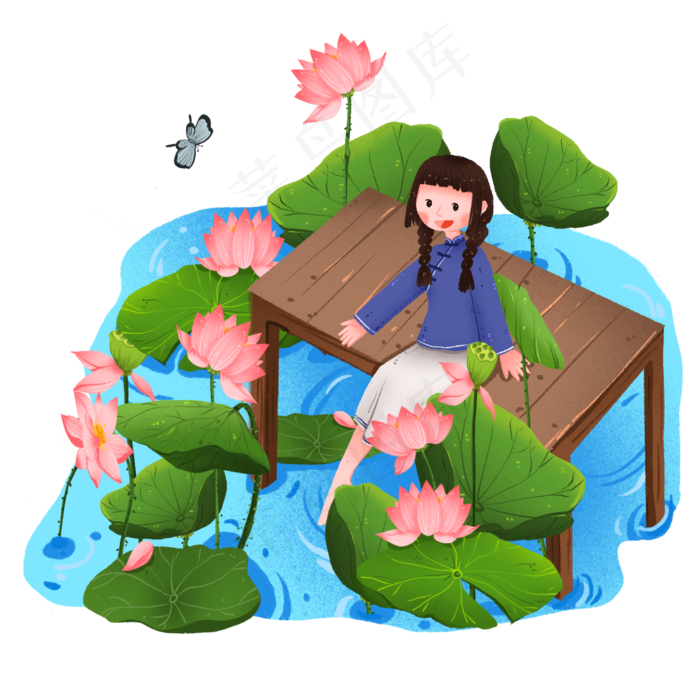 荷花池边赏花的女孩免抠元素