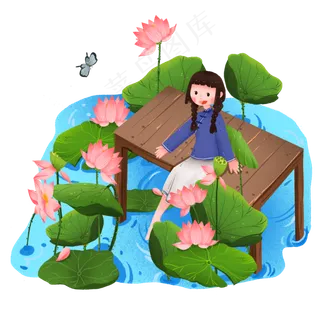 荷花池边赏花的女孩免抠元素