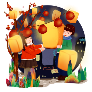 中国传统节日之元宵节放花灯许愿,免抠元素