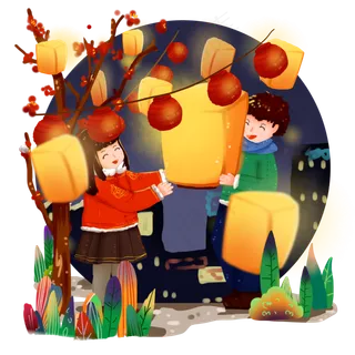 中国传统节日之元宵节放花灯许愿,免抠元素