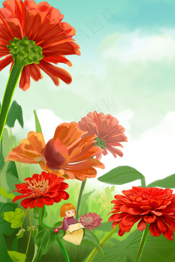 绿色读书日女孩在花间看书