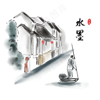 中国风水墨风景徽派建筑,免抠元素