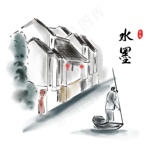 中国风水墨风景徽派建筑,免抠元素