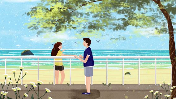 情侣夏日海边游玩小清新