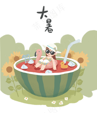 夏日农历节气装饰大暑少女西瓜冷