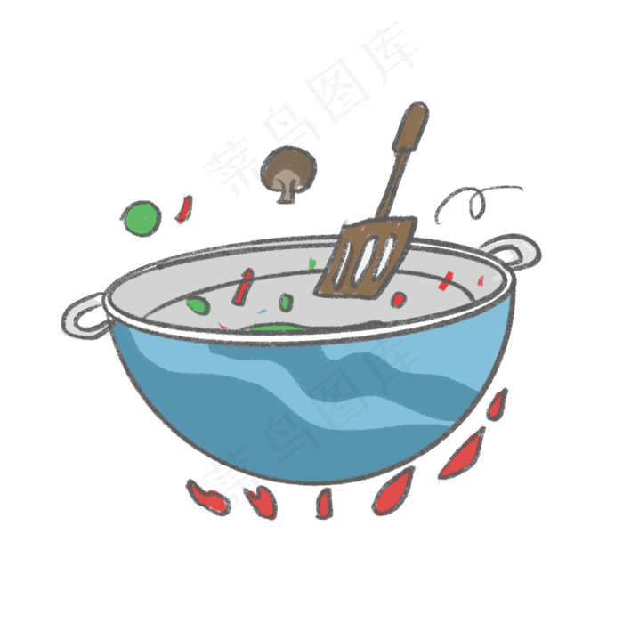 卡通手绘蓝色烧菜大铁锅炒锅,免抠元素