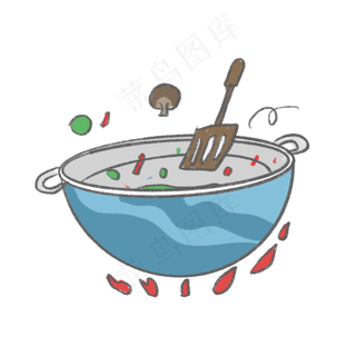 卡通手绘蓝色烧菜大铁锅炒锅,免抠元素