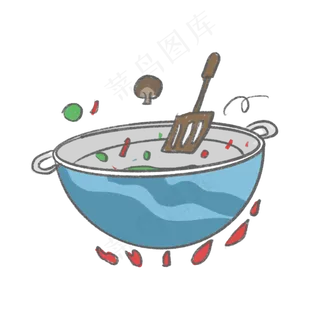 卡通手绘蓝色烧菜大铁锅炒锅,免抠元素