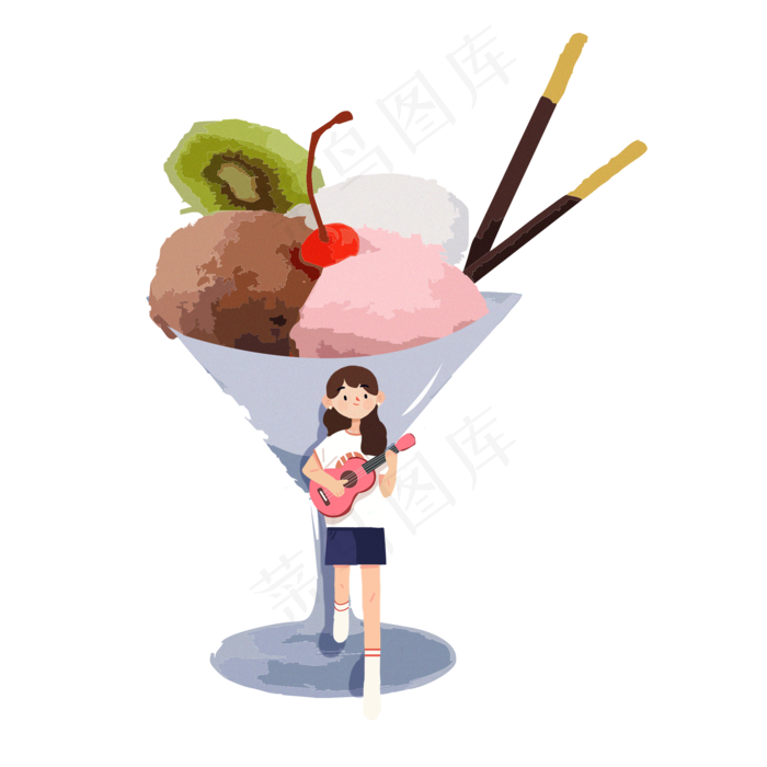 大暑女孩靠在冰淇淋杯弹吉他PNG