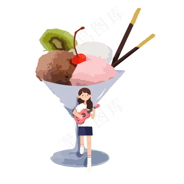 大暑女孩靠在冰淇淋杯弹吉他PNG
