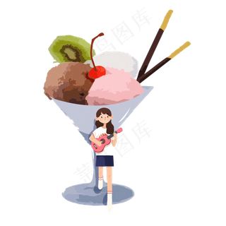 大暑女孩靠在冰淇淋杯弹吉他PNG