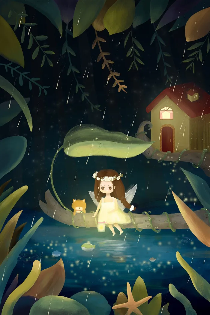 温暖系可爱谷雨森林女孩猫咪避雨玩耍配图(3545X5315(DPI:300))psd模版下载