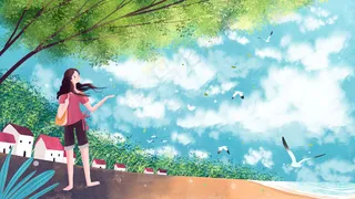 海边女生单独一人云朵天空风景