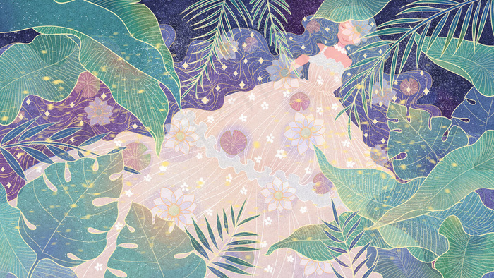 夏天卡通小清新简约立夏夏夜芭蕉荷花少女(2880X1620(DPI:300))psd模版下载