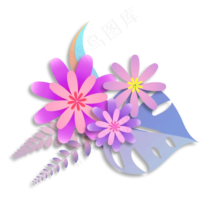 彩色立体剪纸小花,免抠元素(2362*2362px 300 dpi )psd模版下载