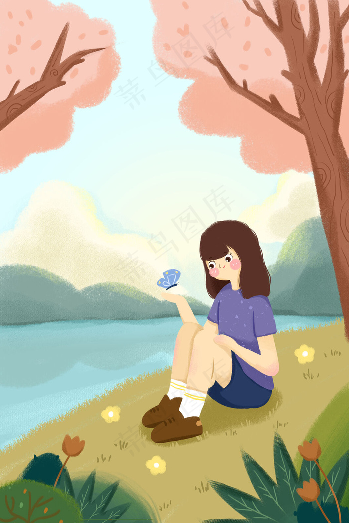 春天惊蛰女孩与蝴蝶绿色小清新插画