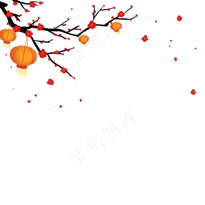春节中国风梅花灯笼手绘插画,免抠元素