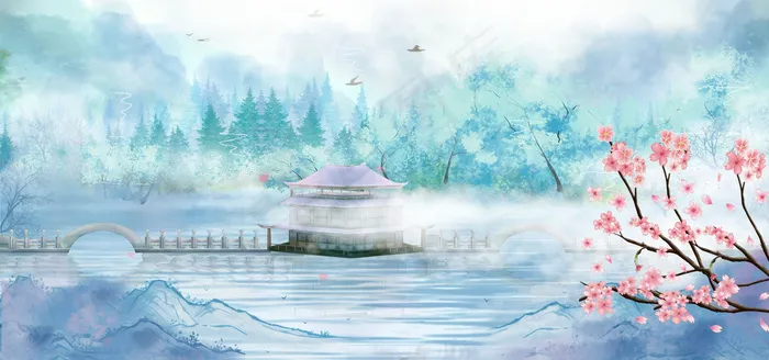 蓝色古风山水长桥凉亭风景(1920*900px 	       )psd模版下载