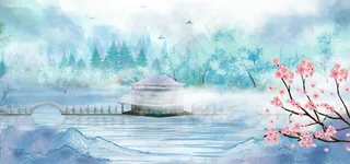 蓝色古风山水长桥凉亭风景