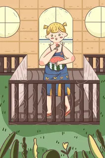 夏天卡通可爱夏至女孩吃西瓜配图