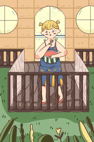 夏天卡通可爱夏至女孩吃西瓜配图