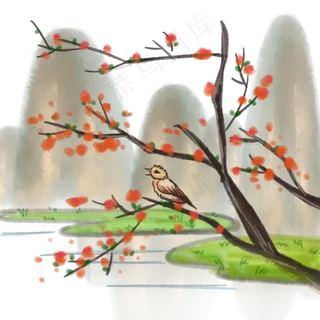 中国风山水手绘花鸟写意山河水墨,免抠元素