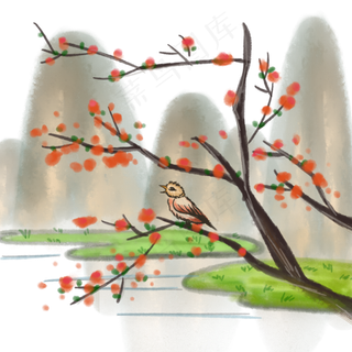 中国风山水手绘花鸟写意山河水墨,免抠元素