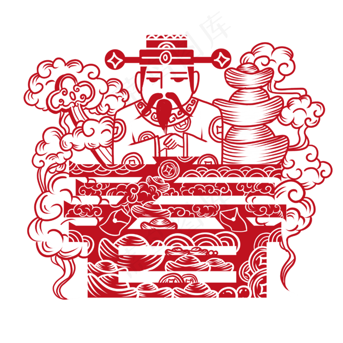中国风红色春字财神窗花剪纸,免抠元素