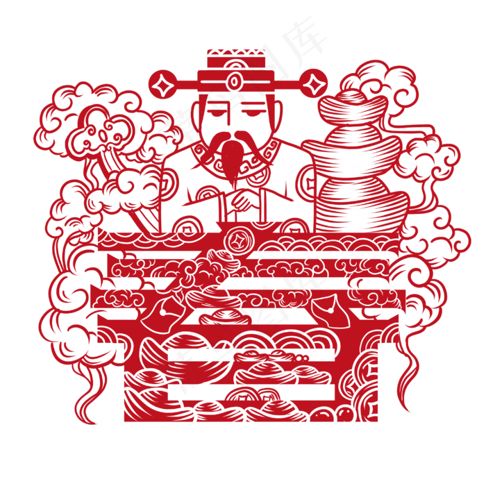 中国风红色春字财神窗花剪纸,免抠元素(3000*3000px 300 dpi )psd模版下载