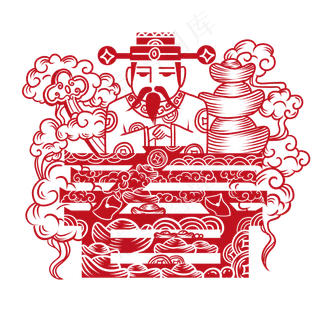 中国风红色春字财神窗花剪纸,免抠元素