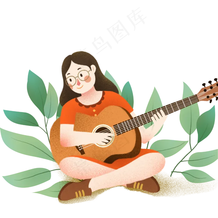 春天里弹吉他的女生手绘(3000X3000(DPI:300))psd模版下载