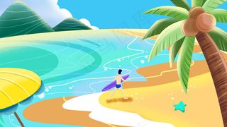 卡通手绘风夏景海边冲浪配图