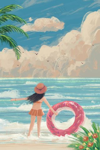 夏天主题之女孩在海边游泳天空治愈系