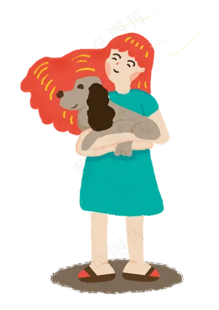 抱着狗狗吹空调的可爱小女孩手绘