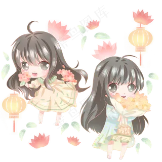 姐妹花园游玩荷花图