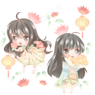 姐妹花园游玩荷花图