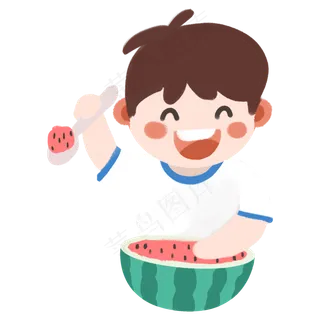 夏季吃西瓜的Q版小学生