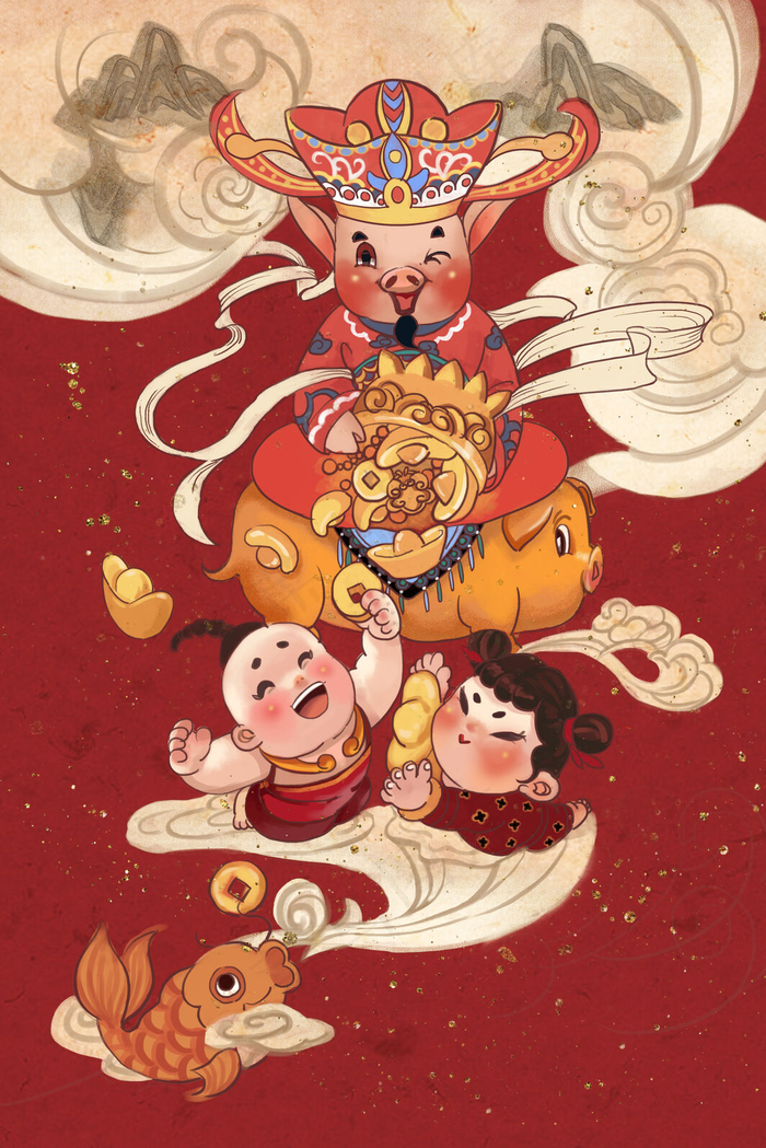 2019春节红色喜庆财神猪(2880X1620(DPI:300))psd模版下载