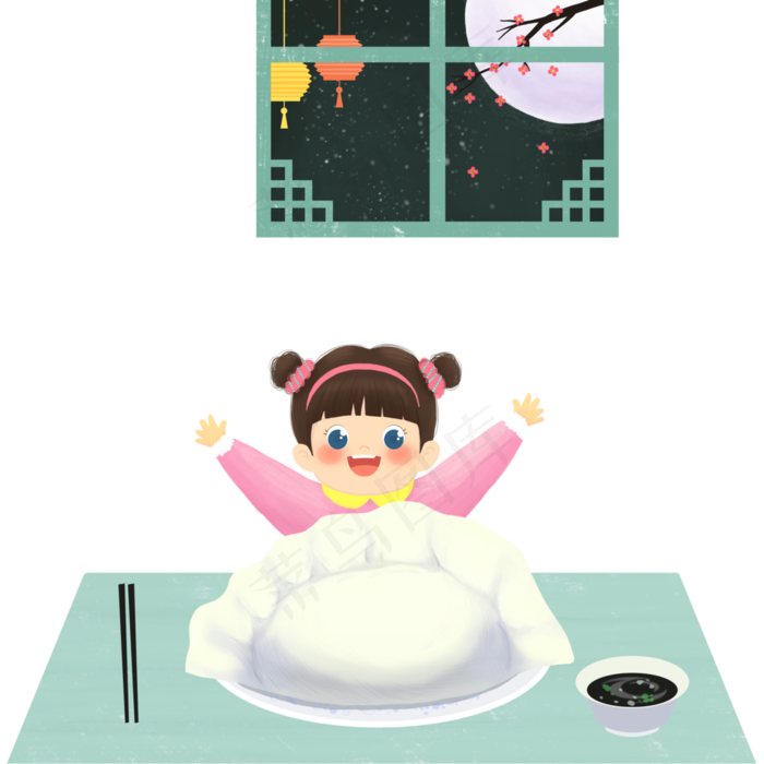 手绘卡通小女孩冬至新年吃饺子,免抠元素