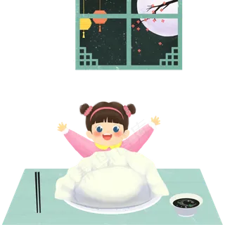 手绘卡通小女孩冬至新年吃饺子,免抠元素