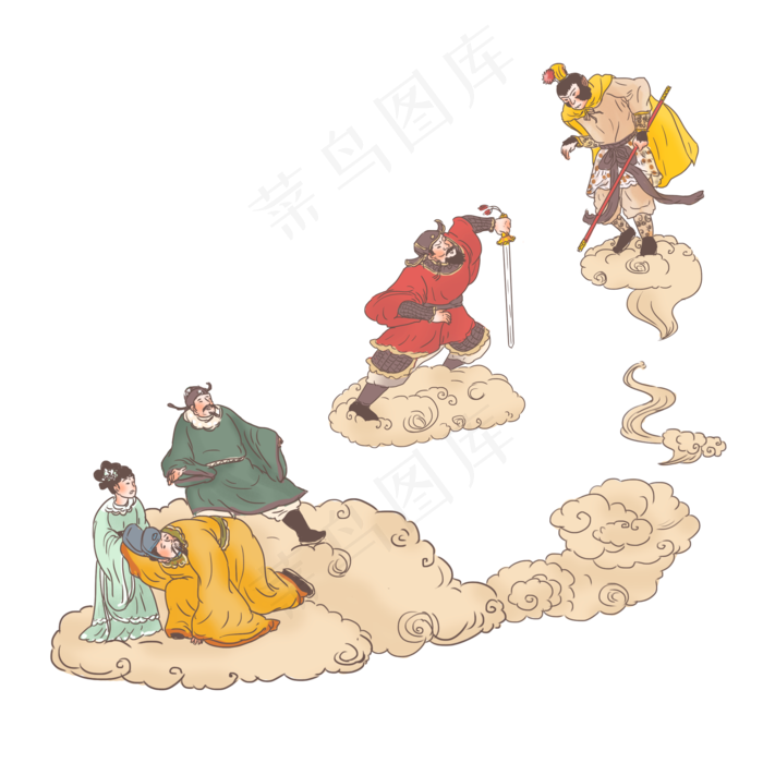 手绘中国古代神话传说孙悟空大闹,免抠元素