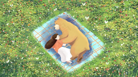 熊与少女一起午睡治愈系场景