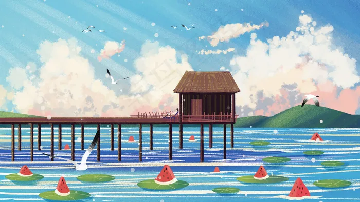 夏日小暑湖上小茅屋治愈风景(2880*1620px 300 dpi )psd模版下载